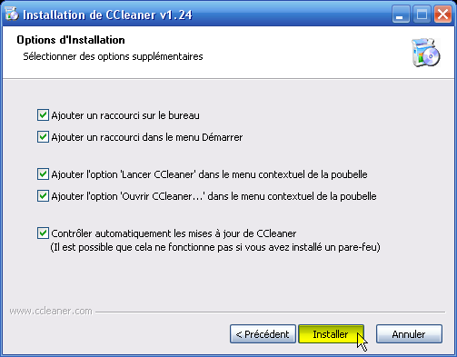 CCleaner - Options d'installation